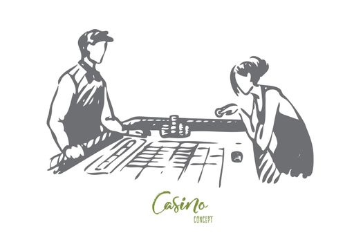 Casino, woman, game, poker, gamble concept. Hand drawn woman play poker in casino concept sketch. Isolated vector illustration.