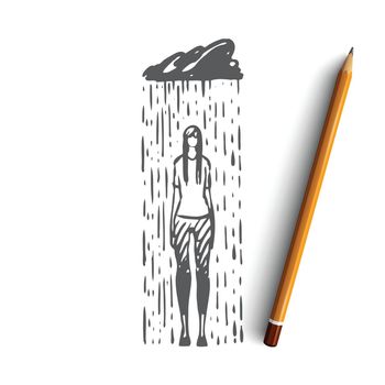 Rain, depression, woman, sad, stress concept. Hand drawn sad woman with symptoms of depression concept sketch. Isolated vector illustration.