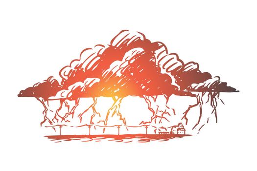 Lightning, strike, cloud, storm, thunderstorm concept. Hand drawn lightning strikes in time of thunderstorm concept sketch. Isolated vector illustration.