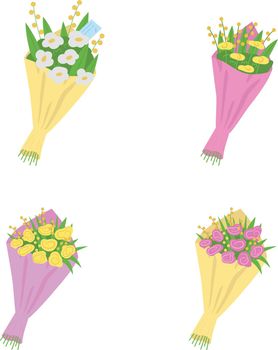 Bouquets, flowers with messages flat color vector object set. Romantic gifts for Valentine day, birthday, anniversary isolated cartoon illustration for web graphic design and animation collection