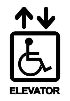 A disabled persons elevator or lift sign with with up and down arrows on a white background