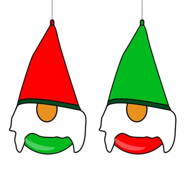 A Christmas bauble set in the guise of 2 Gnomes isolated over white.