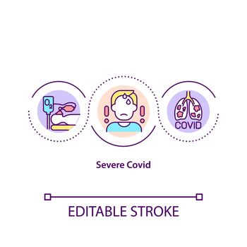 Severe covid concept icon. Patients with signs of pneumonia requiring oxygen therapy. Quarantine idea thin line illustration. Vector isolated outline RGB color drawing. Editable stroke