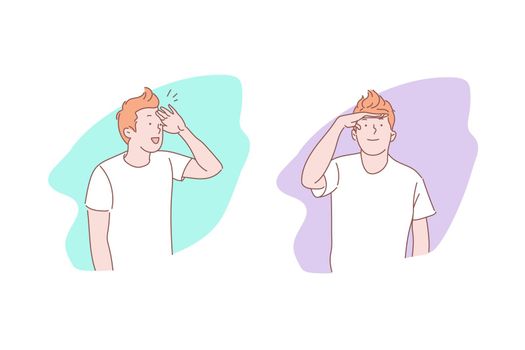 Expectation, peeping, waiting concept. Sun protection, looking carefully, anticipation, positive emotion, man looking into distance, boy covering eyes from sun with hand. Simple flat vector