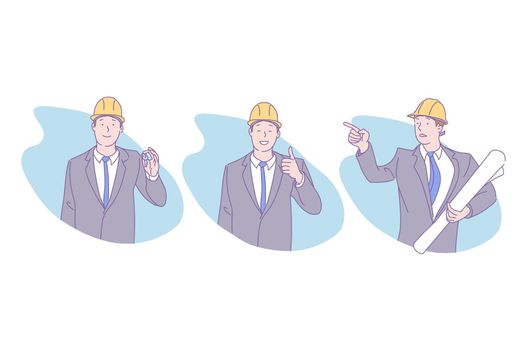 Architectural project development concept. Industrialist with key and paper roll, businessman showing thumb up, commissioning engineer, smiling man in construction helmet. Simple flat vector
