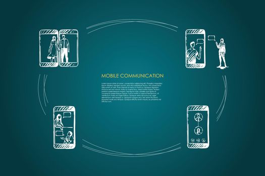 Mobile communication - mobile phone screen and people communicating on it vector concept set. Hand drawn sketch isolated illustration