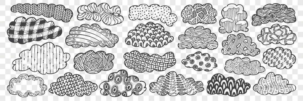 Hand drawn clouds doodle set. Collection of pencil chalk drawing sketches different coloring inside cloudlets isolated on transparent background. Sky objects illustration.
