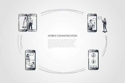 Mobile communication - mobile phone screen and people communicating on it vector concept set. Hand drawn sketch isolated illustration
