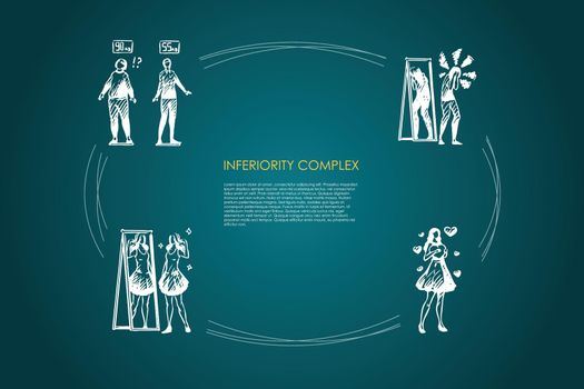 Inferiority complex - women with inferiority complex not satisfied with weight and appearance vector concept set. Hand drawn sketch isolated illustration