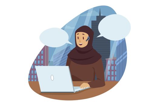 Business, work, communication concept. Smiling happy arabic businesswoman muslim manager cartoon character sitting at laptop in modern office wearing traditional hijab. Working process illustration.
