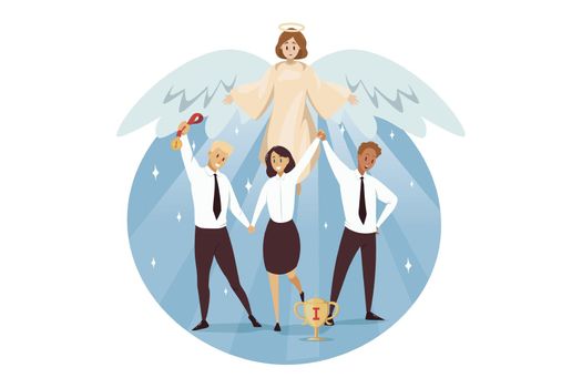 Christianity, bible, religion, protection, business, success concept. Angel biblical religious character protects businessmen woman clerks managers standing together. Divine support care illustration.