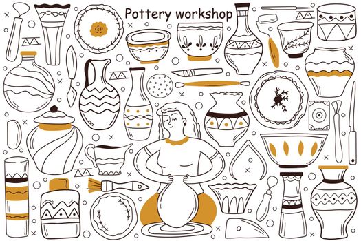 Pottery workshop doodle set. Collection of hand drawn sketches templates patterns of woman craftsman artist manking pot at special wheel. Creative occupation production handmade ceramics clay items.