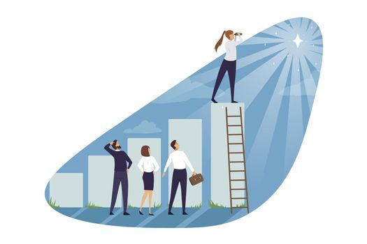 Goal achiement, teamwork, growth, profit, success concept. Team of businessmen women managers helping supporting leader reaching top. Financial success and market partnership coworking illustration.