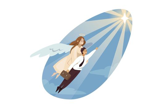 Religion, christianity, support, success, goal achievement concept. Angel carrying of young businessman clerk manager helping flying to star. Divine startup assistance and reaching purposes.