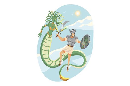 Mythology, Greece, Olympus, legend, religion concept. Mythological hero Perseus son of Zeus fighting with monster Gorgon with magic shield and sword. Ancient Greek religious myths illustration series.