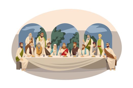 Religion, Bible, christianity concept. New Testament biblical religious series illustration. Last Supper of Jesus Christ christian character and 12 apostles disciples before son of God crucifixion.