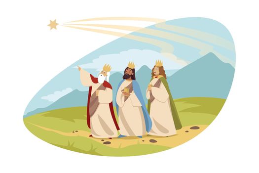 Feast of three kings, religion, bible, chritianity concept. Young men tsars Caspar Melchior Balthasar following star of Bethlehem carrying gifts gold incense and myrrh. Epiphany and catholic holiday.
