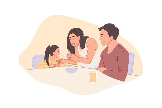 Childhood and parenthood concept. Young happy parents mother, father feeding their preschool daughter. Smiling mom, dad watching as child eats Breakfast. Simple flat vector.
