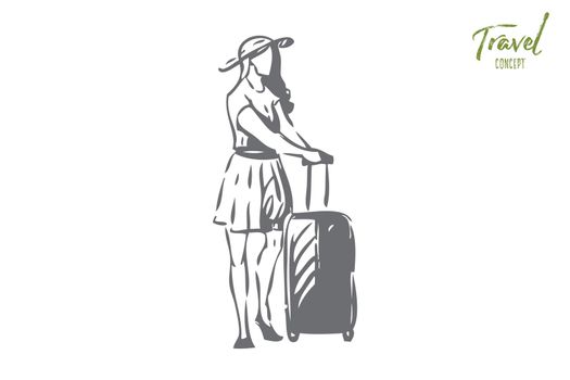 Voyage concept sketch. Going to different country by airplane. Girl with packed baggage, luggage. Tourists on walk. Waiting for flight. Flying abroad by yourself. Isolated vector illustration
