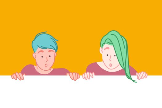 Creative advertising banner concept. Surprised young people sneak peeking over empty white space, man and woman looking astonished, surprising discovery, amazement expression. Simple flat vector