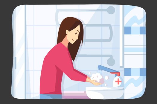 Hygiene, coronavirus, protection, quarantine concept. Young woman or girl washing hands with soap and sanitizer from covid19 infection. Preventive measures from 2019ncov pathogens and healthcare.