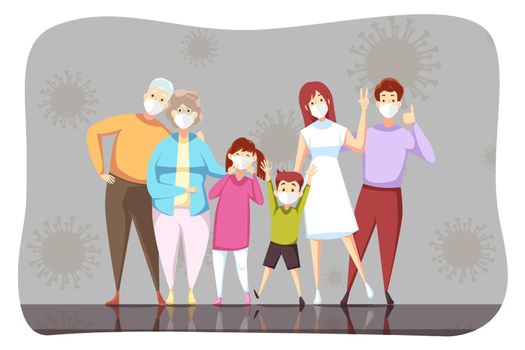 Coronavirus, 2019ncov, healthcare, infection, protection concept. Family grandad grandmom father mother children son daughter stand with medical face masks together. Health care and prevention covid19