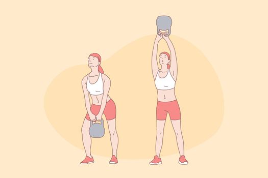 Sport exercises, workout, functional training, active lifestyle concept. Young woman lifting weight, gym exercise with equipment, athletic training, good shape and health. Simple flat vector