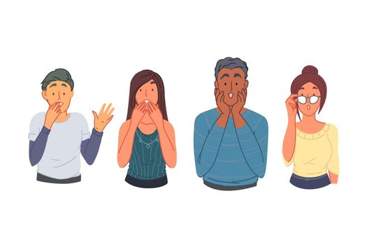 Unexpected surprise reaction concept. Diverse young people group, emotional men and women looking pleasantly amazed, happy astonished adults set. Happiness, excitement expression. Simple flat vector
