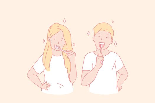 Teeth cleaning, healthy habit, healthcare concept. Young couple cleaning teeth, girl and boy with toothbrushes, dentifrice using, everyday morning procedure, oral care. Simple flat vector