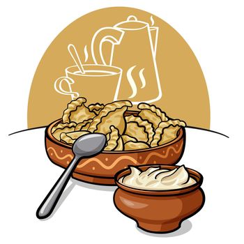 Illustration of the traditional ukranian dish hot varenyky in the bowl with a sour cream