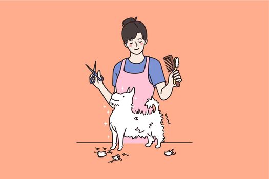 Smiling woman groom fluffy small puppy in salon. Female groomer work trim little dog in hair saloon. Taking care of domestic pet animals. Good quality service. Cartoon character, vector illustration.