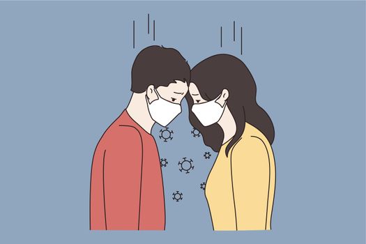 Lovers couple in facial masks suffer from corona virus world pandemic restrictions. Unhappy man and woman in facemasks in covid-19 times. Love and distance. Date in epidemics. Vector illustration.