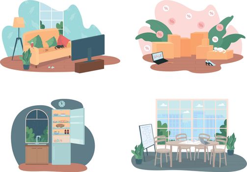 Office and home interior 2D vector web banner, poster set. Unhealthy lifestyle flat scene on cartoon background. Messy living room, office room printable patch, colorful web element collection