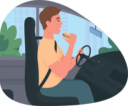 Distracted driving 2D vector web banner, poster. Driver eating at steering wheel flat characters on cartoon background. Road accident risk and danger printable patch, colorful web element