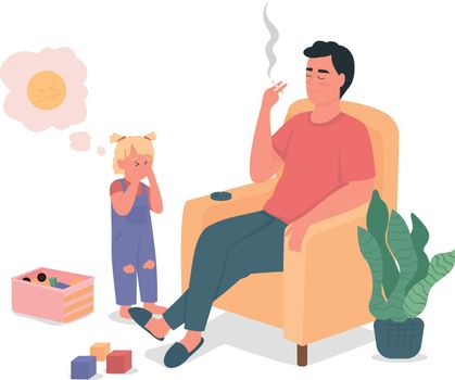 Smoking father with sad child flat color vector detailed characters. Bad habits, drug addiction. Kid neglect. Unhealthy lifestyle isolated cartoon illustration for web graphic design and animation