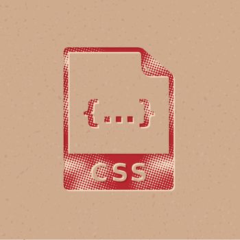 CSS file format icon in halftone style. Grunge background vector illustration.