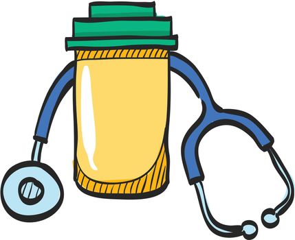 Pills bottle stethoscope icon in color drawing. Vitamin medicine drugs painkiller addiction doctor instrument