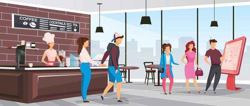 Cafeteria flat color vector illustration. Coffee shop customers. Restaurant with clients and barista. Waitress near counter in bistro. Cafe 2D cartoon interior with characters on background