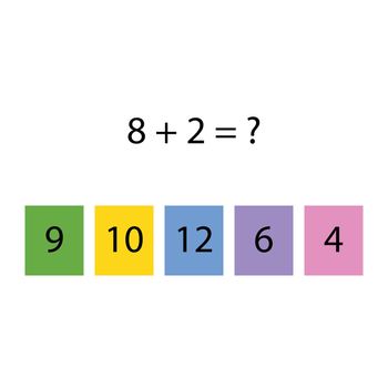 Folding trainer. Choose the correct answer. Addition tables. Fill in the missing numbers. Logic game. Children education poster on mathematics. School vector illustration with colorful cubes.
