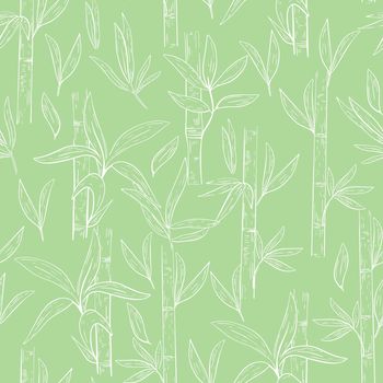 Bamboo outlines seamless pattern, vector illustration. Stems with bamboo leaves and green background. Botanical template for substrate, wallpaper, fabric and packaging.