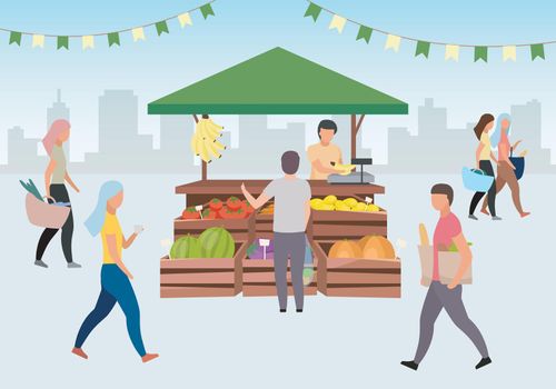 Food street market flat vector illustration. Man buying farm products, eco and organic fruits and vegetables at trade tent with wooden crates. People walk summer market, grocery outdoor street shops