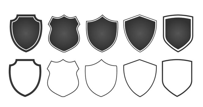 set of flat shields with contours. Vector illustration isolated on white