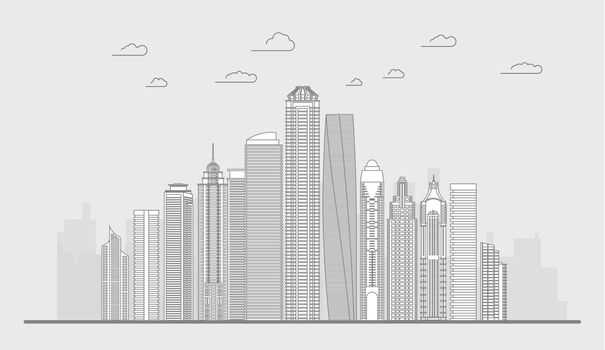 City line illustration panorama. Cityscape line art building. Skyline thin line vector.