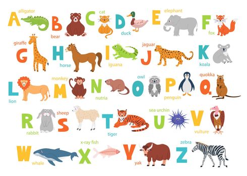 Bright children's alphabet with cute animals for education and a manual font. Vector poster with English letters of the alphabet on a white background in a flat style.
