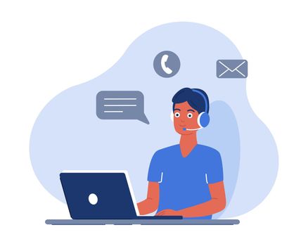 Online consultant, operator. The man works on a laptop, communicates with customers through a headset and responds to messages. Working from home, training, and solving everyday problems with clients. Vector image in a flat style.