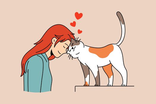 Loving domestic pets and cat person concept. Smiling red haired girl standing and leaning on loving cat kitty with her head feeling in love vector illustration
