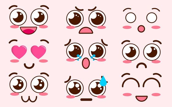 Collection of cute lovely kawaii emoticon emoji Doodle cartoon face , smile , happy , wink , excited , sleepy , chill , kiss , crazy , sweet in childlike manga cartoon style - Vector file