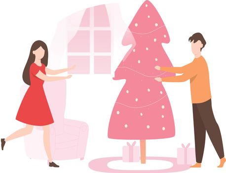 A boy and girl decorate the tree.