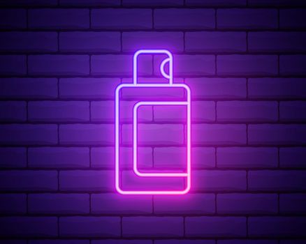 spray bottle neon light sign vector. Glowing bright icon spray bottle sign. symbol illustration isolated on brick wall.