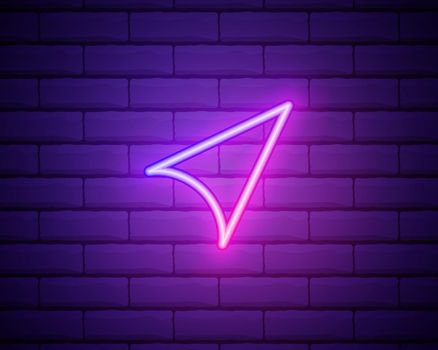Lilac pink neon sign on brick wall Paper plane icon vector. Send Message.